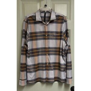 LULULEMON Masons Peak Flannel Mens Size XL Brown Gray Plaid Button Down Stretch